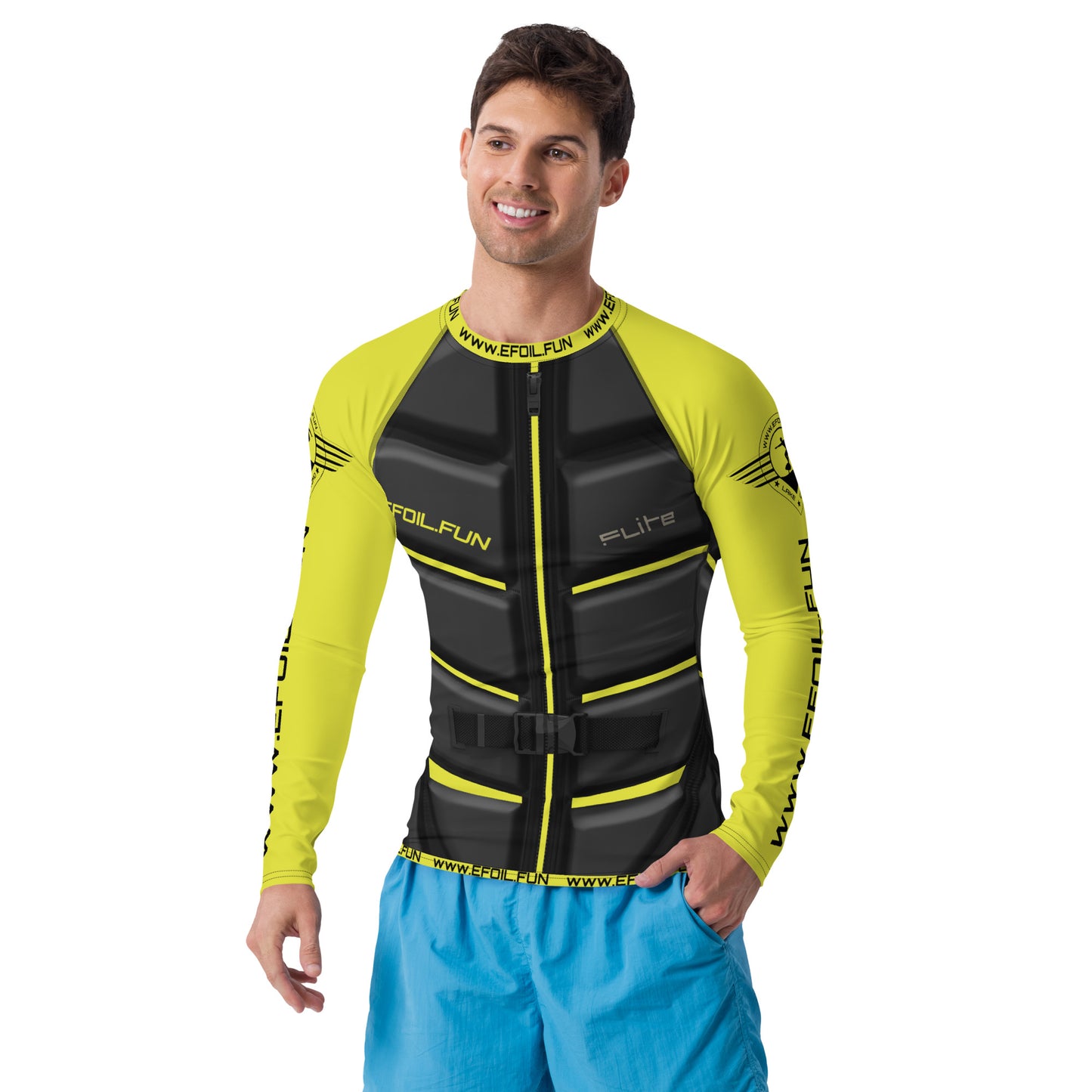 Man wearing a yellow and black long-sleeve rash guard for men's sports with ergonomic seams and sun protection features.